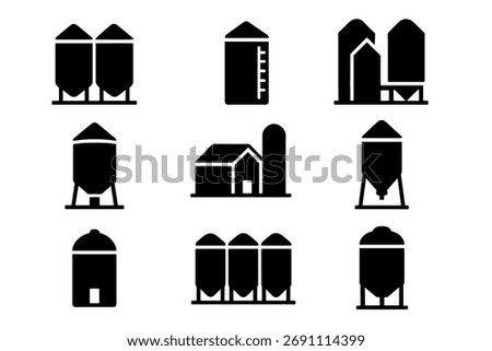 Farm silo icon set. Vector black symbols of agriculture storage glyph illustrations