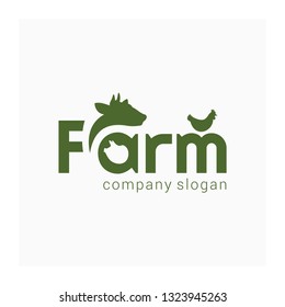 Farm simple logo. Farm animal sign. Green logotype for animal husbandry. Symbol for farm products. Brand for agricultural company. Agro business identity. Vector illustration with cow, pig, chicken an