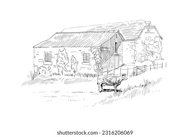 Farm sketch. Cows are grazing in a meadow. Rural landscape hand drawn vector illustration.