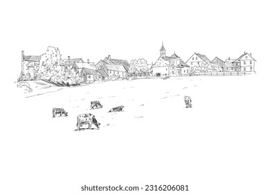 Farm sketch. Cows are grazing in a meadow. Rural landscape hand drawn vector illustration.