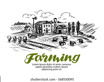 Farm sketch. Farming, agriculture or cattle breeding. Vector illustration