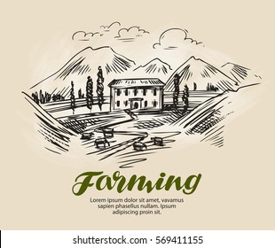 Farm sketch. Farming, agriculture vector illustration