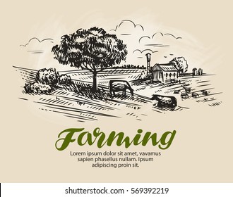 Farm sketch. Rural landscape, agriculture, farming vector illustration