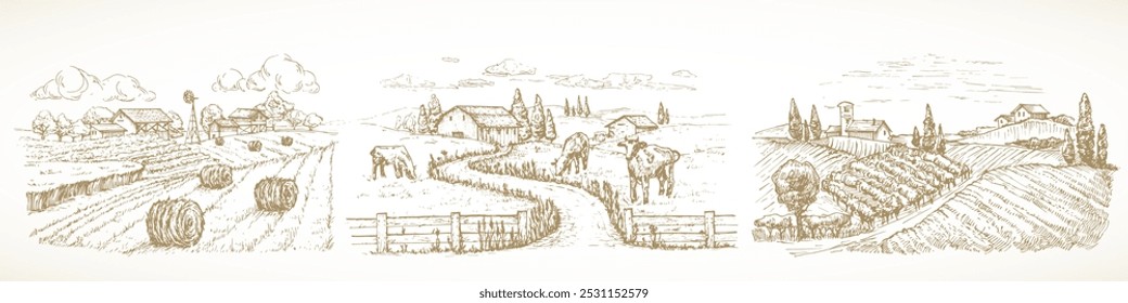 Conjunto de Ilustrações de Paisagem Rústica de Esboço de Fazenda. Vetor desenhado à mão da aldeia rural da aldeia com animais domésticos da vaca do gado, Haystacks Doodle. Desenho de Pastagem de Estilo de Gravação. Isolado