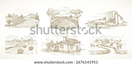Farm Sketch Rustic Landscape Illustrations Set. Hand Drawn Vector Countryside Village Vineyard with Domestic Cattle Cow Animals, Haystacks Doodle. Engraving Style Pasture Drawing. Isolated