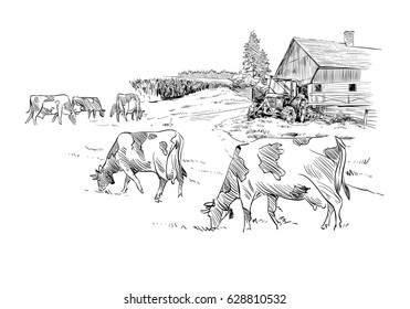 Farm sketch vector illustration.Hand drawn rural landscape.