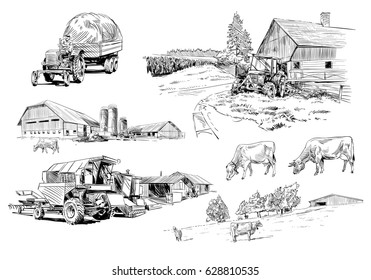 Farm Sketch Vector Illustration.Hand Drawn Rural Landscape.