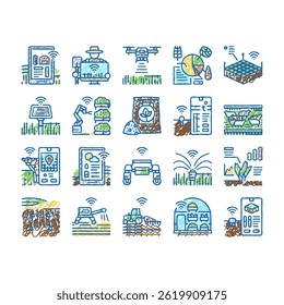 farm smart agriculture farmer doodle icons set vector. technology digital drone, innovation plant, food sensor, future field, crop industry farm smart agriculture farmer sketch hand drawn