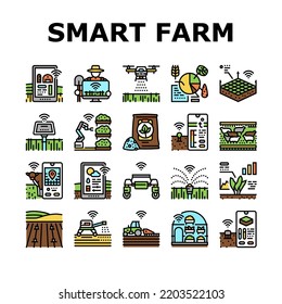 farm smart agriculture farmer icons set vector. technology digital drone, innovation plant, food sensor, future field, crop industry farm smart agriculture farmer color line illustrations