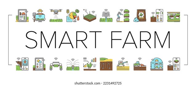 farm smart agriculture farmer icons set vector. technology digital drone, innovation plant, food sensor, future field, crop industry farm smart agriculture farmer color line illustrations