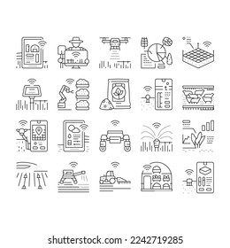 farm smart agriculture farmer icons set vector. technology digital drone, innovation plant, food sensor, future field, crop industry farm smart agriculture farmer black contour illustrations