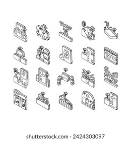farm smart agriculture farmer isometric icons set. technology digital drone, innovation plant, food sensor, future field, crop industry farm smart agriculture farmer color line