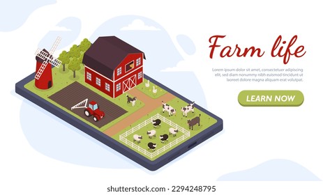Farm in smartphone. Barn and tractor at field. Cows, sheep and dog near paddock. Apple trees in backyard. Farming and agriculture, landscape. Landing page design. Cartoon isometric vector illustration