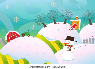 Farm in Snow A vector illustration of a farm in the snow with a snowman in the foreground. eps 10 fully editable.