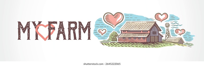 Fazenda com alma. Ilustração com uma fazenda em uma paisagem rural, renderizada em uma técnica de gravação com nuvens simbólicas em forma de coração.
