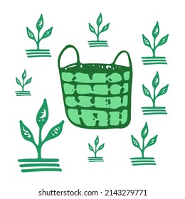 Farm sprouts with eco bag agricultural sketch vector icon. Ranch field, rural countryside. Harvest scarcity concept, industry problems symbol. Hand drawn bio illustration isolated on white.