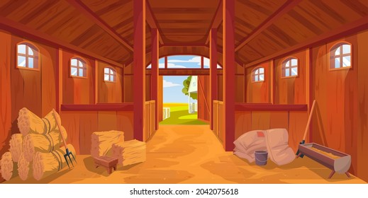 Farm stable or barn interior with sand floor, vector cartoon hayloft haystacks on wooden ranch. Farm house or stable inside on empty background, horse stalls or agriculture barn and farmhouse hut