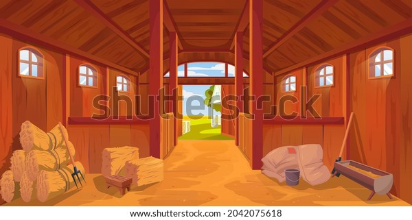 Farm stable or barn interior with sand floor, vector\
cartoon hayloft haystacks on wooden ranch. Farm house or stable\
inside on empty background, horse stalls or agriculture barn and\
farmhouse hut