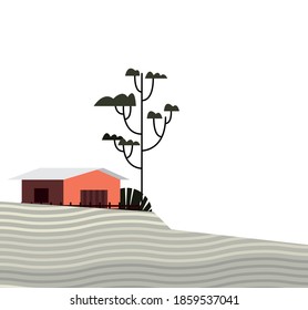 fachada de construcción estable de granja con diseño de ilustración de vector de planta de árbol