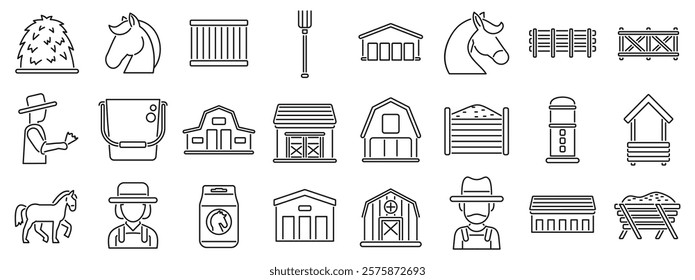 Farm stable icons set. Essential elements of horse care, featuring barns, stables, feed, tools, and dedicated farmers ensuring equine well being