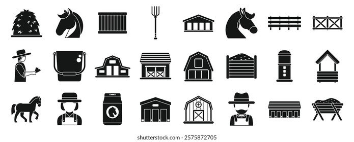 Farm stable icons set. Horse and farm icons depicting various aspects of horse care, including feeding, housing, and farm facilities