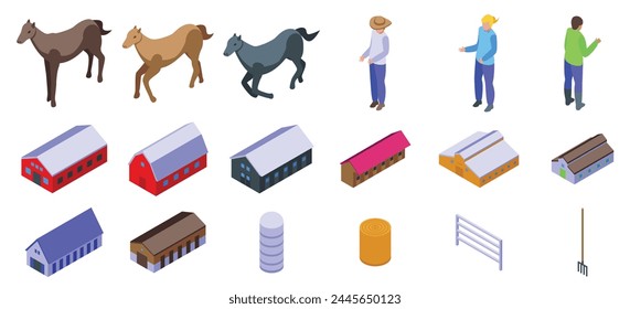 Farm stable icons set isometric vector. Wooden interior. House ranch