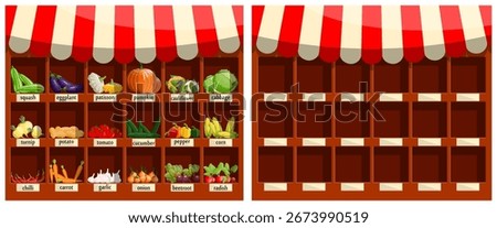 Farm stall vector with various vegetables and an empty rack. Market stall design template with farm fresh produce flat illustration. For grocery store.