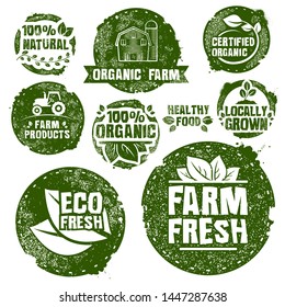 Farm Stamp Set. Organic Food. Vector Illustration.