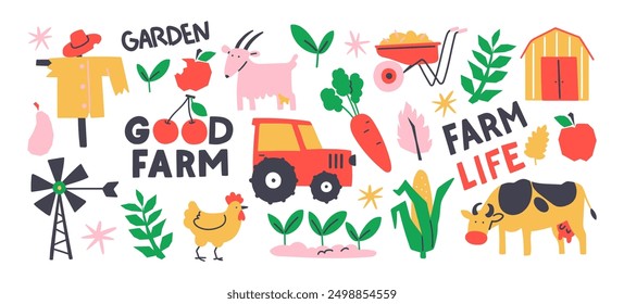 Farm sticker set. Cartoon set of agricultural garden and vegetable garden elements. Tractor, cattle, plants and harvest. Hand drawn doodle shapes