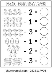 Farm subtraction black and white worksheet for kids. Math activity page in outline with cute farm characters. Calculate and write the result sheet for school and preschool. Vector illustration