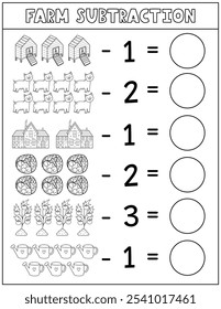 Farm subtraction black and white worksheet for kids. Math activity page in outline with cute farm characters. Calculate and write the result sheet for school and preschool. Vector illustration