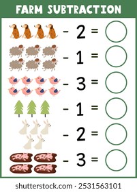 Farm subtraction worksheet for kids. Math activity page with cute farm characters. Calculate and write the result sheet for school and preschool. Vector illustration