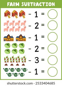 Arbeitsblatt zur Subtraktion von Bauernhöfen für Kinder. Mathematische Aktivitätsseite mit niedlichen Farmfiguren. Berechnen und schreiben Sie die Ergebnisliste für Schule und Vorschule. Vektorgrafik