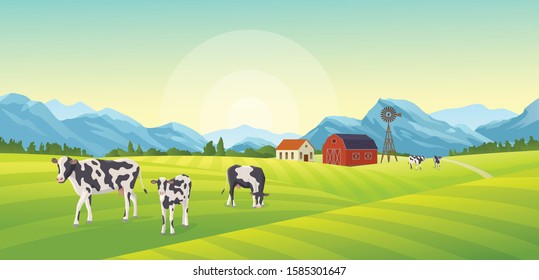 Farm summer landscape composition with outdoor scenery and cows with farming buildings mountains and wind mills vector illustration