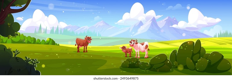 Paisaje agrícola de verano con pastos de vacas, árboles y arbustos, montañas en el horizonte y cielo azul soleado con nubes. Pastizal verde de Vector de dibujos animados con animales domésticos. Ganado en el campo con hierba.