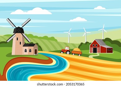 Farm summer landscape with mill illustration. Grasslands with mowed fields and tractor pulling wheat trailer to grind farm barn and wind turbines on horizon. Vector cartoon village