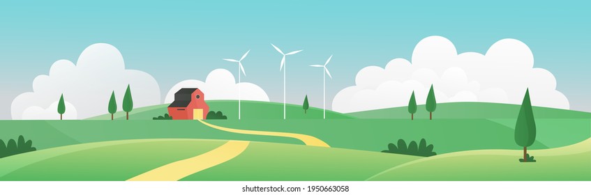 Farm summer wide panorama landscape vector illustration. Cartoon farmland countryside background scene with farmer house through green grass field, meadow hills