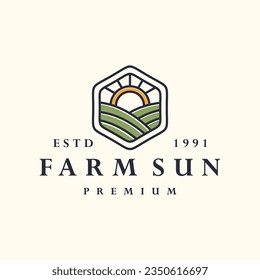 Farm sun logo vector icon illustration hipster vintage retro