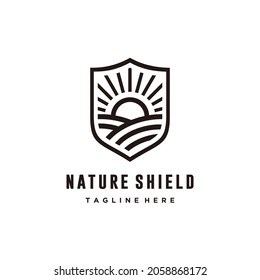 Farm, sun and shield line art logo design vector 
