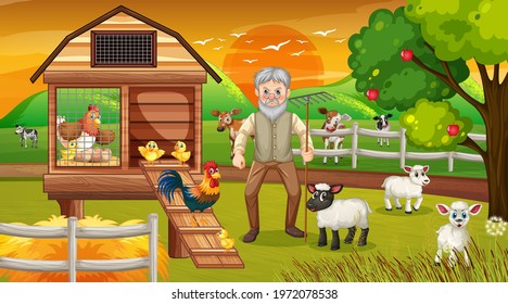 Farm at sunset time scene with old farmer man and farm animals illustration