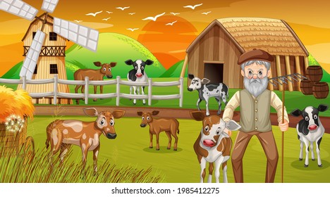 Farm at sunset time scene with old farmer man and farm animals illustration