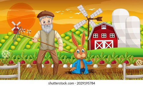 Bauernhof zur Sonnenuntergang mit alten Bauern und Kaninchengrafik