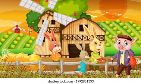 Farm at sunset time scene with rabbit family and a pig cartoon character illustration
