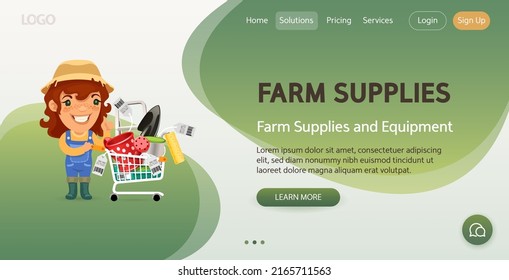 Farm Supplies And Equipment Website Template. Illustration Of A Cartoon Farmer Purchasing Equipment For Gardening.