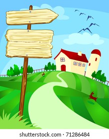Farm surrounded by beautiful countryside with signs in wood, vector