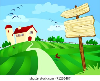 Farm surrounded by beautiful countryside with signs in wood, vector