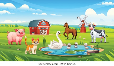 Farm with swan, cat, pig, horse, and cow around pond and barn. Vector cartoon illustration