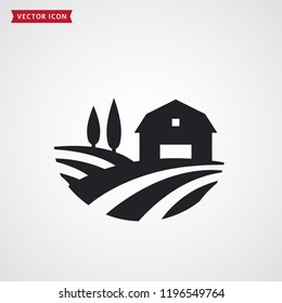 Farm Symbol With Barn, Trees And Fields. Farmhouse Logo. Rural Landscape. Vector Icon.