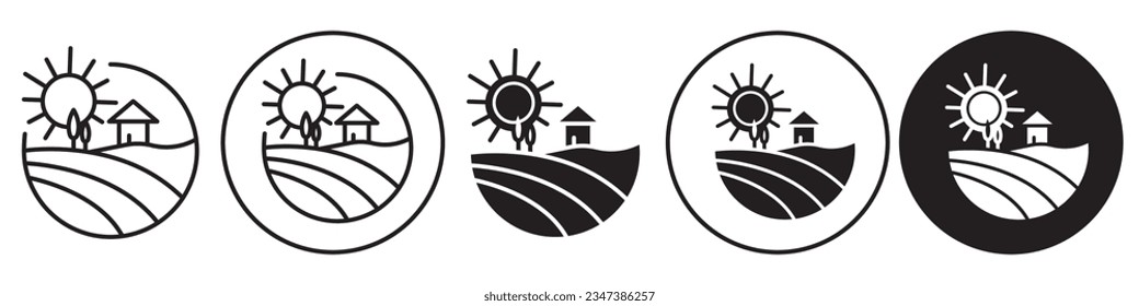 Símbolo de granja Icono. Conjunto de vectores de tierras agrícolas orgánicas del lado del país para la agricultura por agricultores rurales locales. Logotipo de tierras fértiles orgánicas para la cosecha 