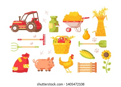 Farm Symbols Set Vector Illustration. Collection Contists Of Tractor Kaleyards Equipment Animals Plants Vegetables And Fruits Flat Style Design. Agriculture And Farming Concept. Isolated On White